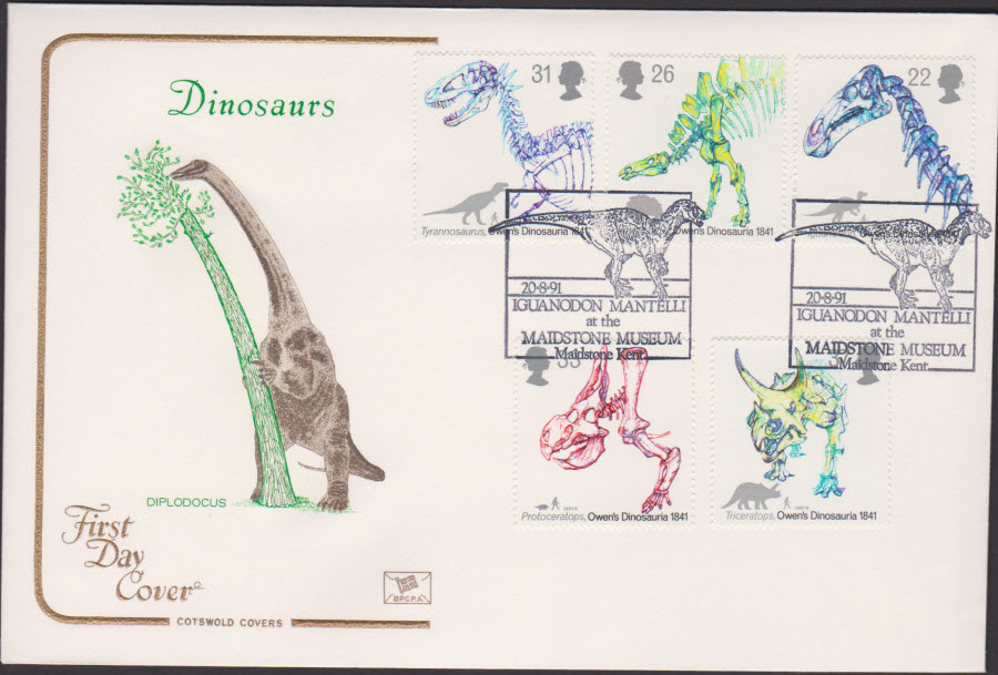 1991 - Cotswold FDC Dinosaurs :-Iguanodon at Maidstone Museum Postmark