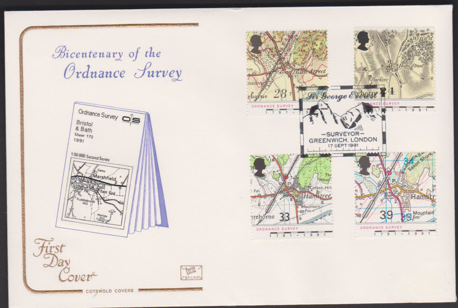 1991 - Cotswold FDC Ordnance Survey :-George Everest Greenwich London Postmark - Click Image to Close