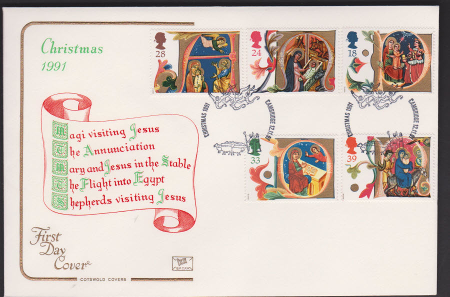 1991 - Cotswold FDC Christmas Stamps : Cambridge Postmark - Click Image to Close