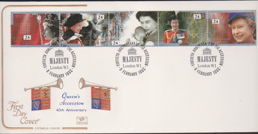 1992 - Happy & Gloroius COTSWOLD First Day Cover -Majesty, London W 1 Postmark - Click Image to Close