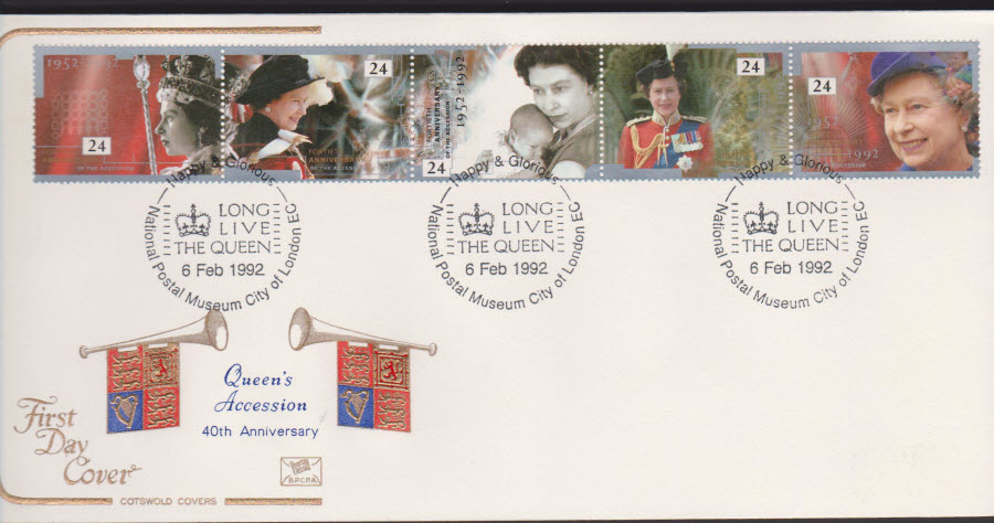 1992 - Happy & Gloroius COTSWOLD First Day Cover - Long Live the Quuen, National Postal Museum Postmark