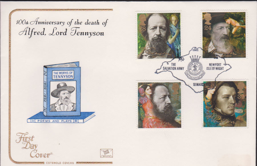 1992 - Tennyson COTSWOLD First Day Cover - Salvation Army, Isle of Wight Postmark