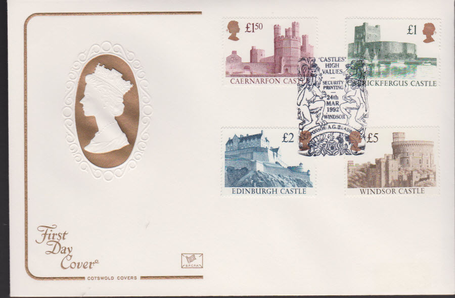 1992 - Castle High Values COTSWOLD First Day Cover -Windsor by Bradbury Postmark - Click Image to Close