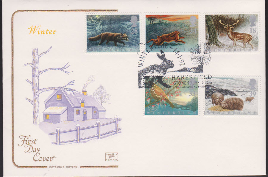 1992 - Wintertime COTSWOLD First Day Cover - Haresfiel, Stonehouse, Glos Postmark