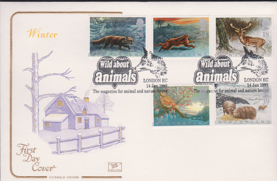 1992 - Wintertime COTSWOLD First Day Cover - Wild About Animals London E C Postmark