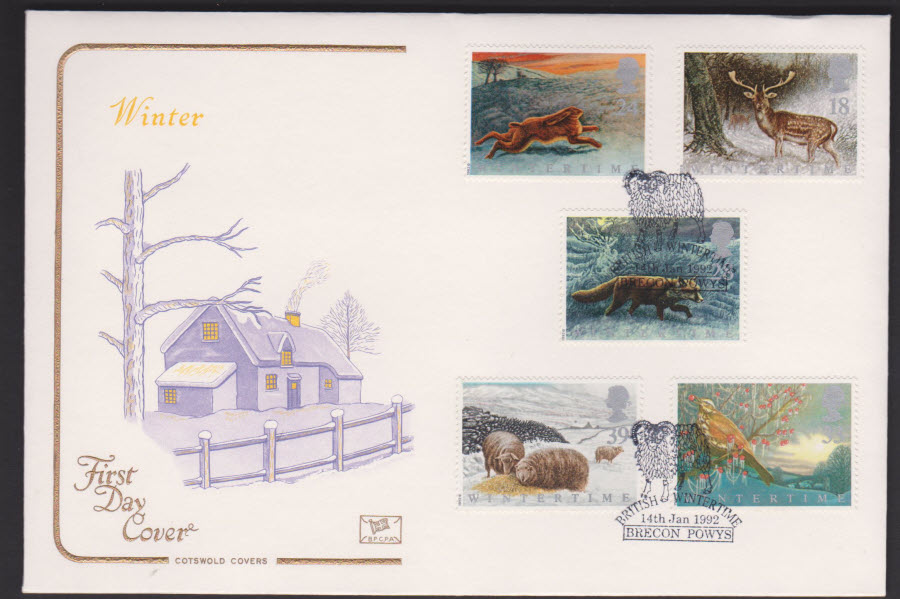 1992 - Wintertime COTSWOLD First Day Cover - British Wintertime, Brecon, Powys Postmark