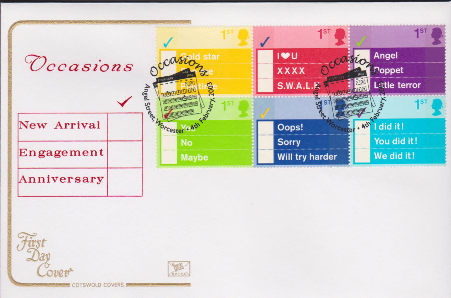 2003 - Occasions COTSWOLD FDC Angel Street Worcester Postmark