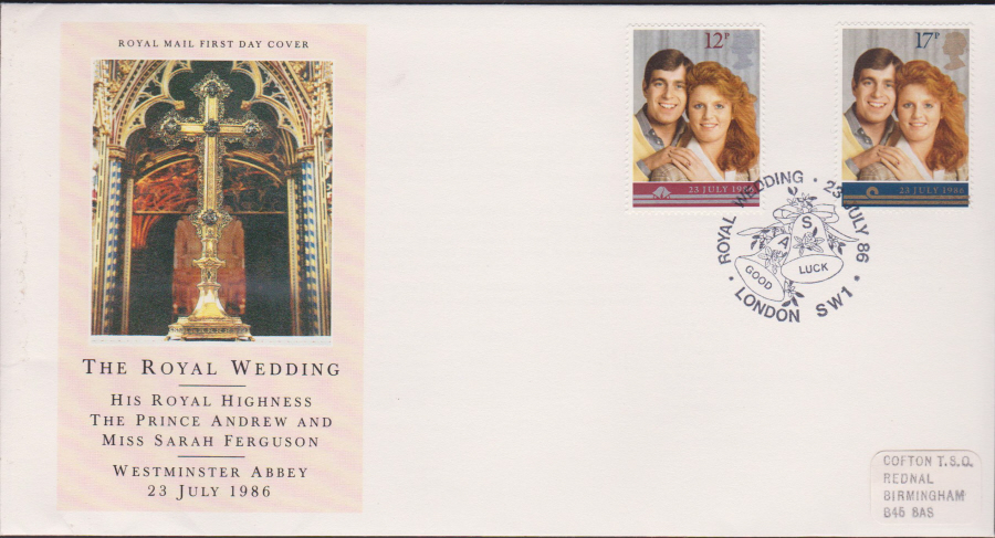1986 - Prince Andrew & Sarah Ferguson Wedding First Day Cover Royal Mail :- Westminster Abbey,London SW1 Postmark