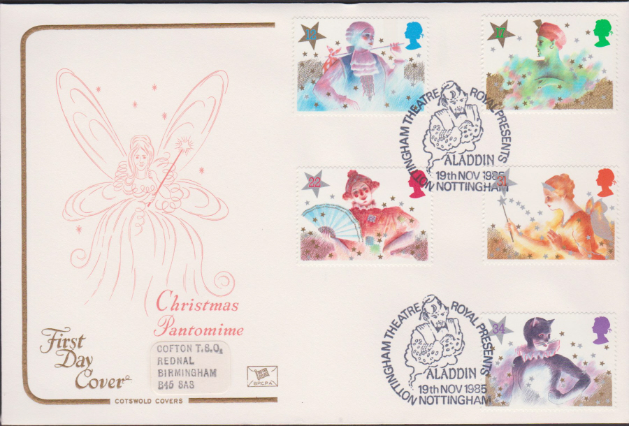 1985 - Cotswold Christmas First Day Cover - Aladdin Nottingham Postmark - Click Image to Close