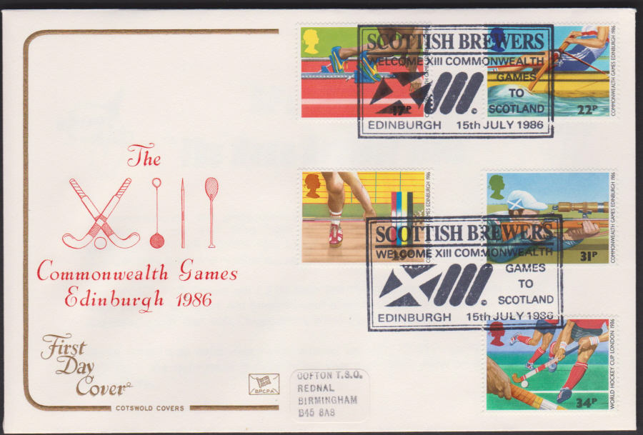 1986 - COTSWOLD Commonwealth Games First Day Cover :-Scottish Brewers Edinburgh Postmark - Click Image to Close