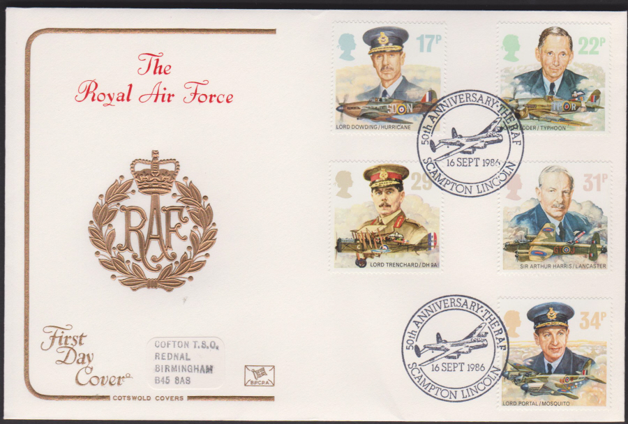 1986 -COTSWOLD Royal Air Force First Day Cover :- Scampton Lincoln Postmark - Click Image to Close
