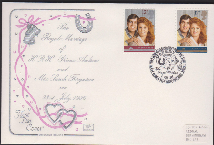 1986 - COTSWOLD Prince Andrew & Sarah Ferguson Wedding First Day Cover :- Dummer,Basingstoke Postmark