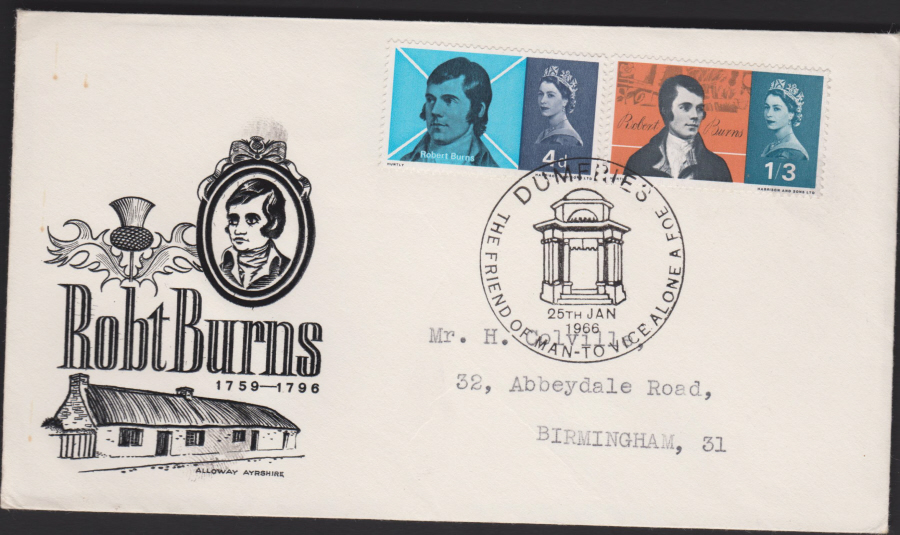 1966 Robert Burns Dumfries Pictorial Postmark Illustrated. Cover