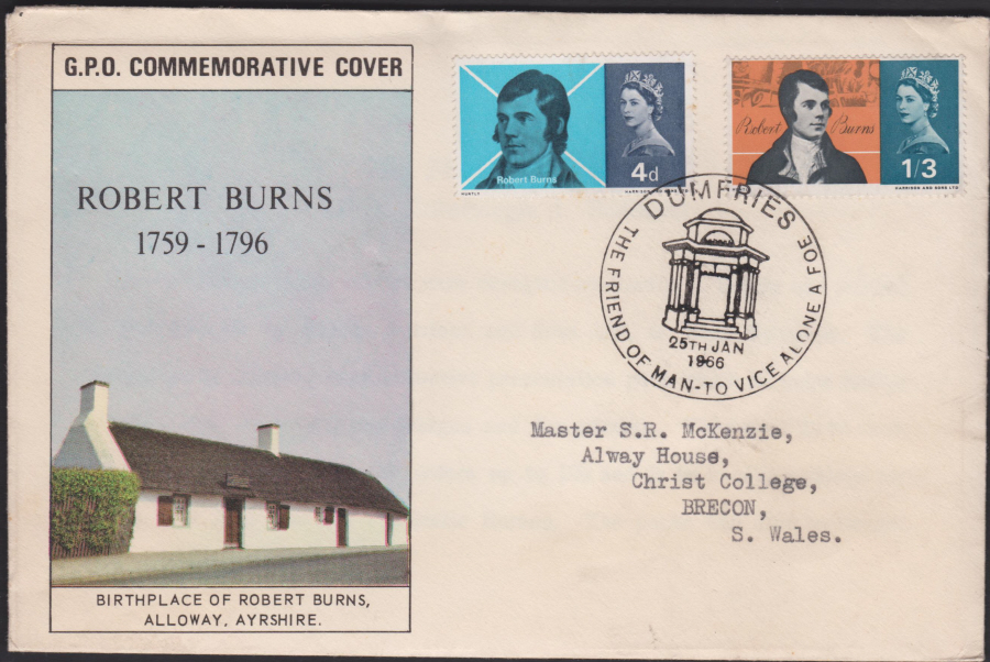 1966 Robert Burns Dumfries Pictorial Postmark Illustrated. Cover
