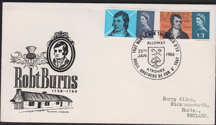 1966 Robert Burns Alloway Pictorial Postmark Illustrated. Cover