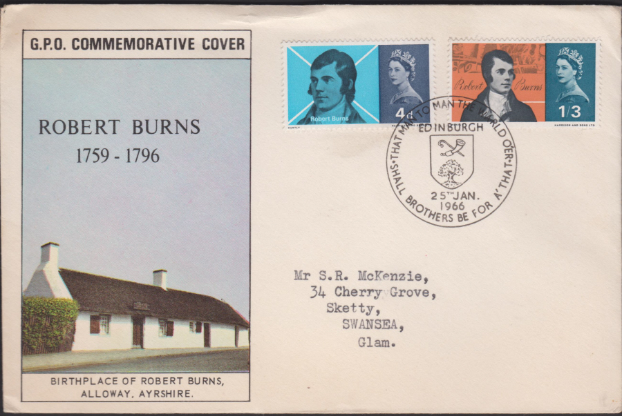1966 Robert Burns Edinburgh Pictorial Postmark Illustrated. Cover