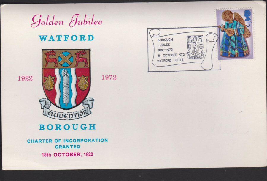 1972 Christmas Watford Borough Handstamp - First Day Card- Watford Postmark - Click Image to Close