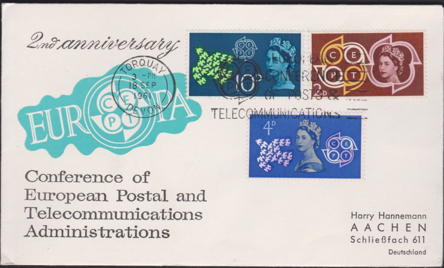 1961 -C E P T Europa First Day Cover - Torquay Slogan Postmark,