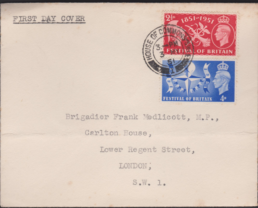 1951 Festival of Britain House of Commons on Plain Cover fdi