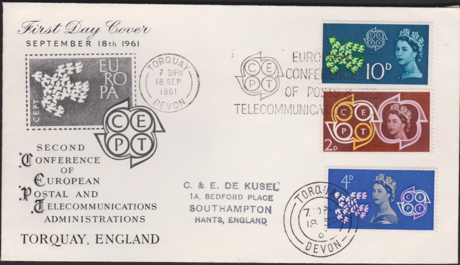 1961 -C E P T Europa First Day Cover - Torquay Slogan & CDS Postmark,