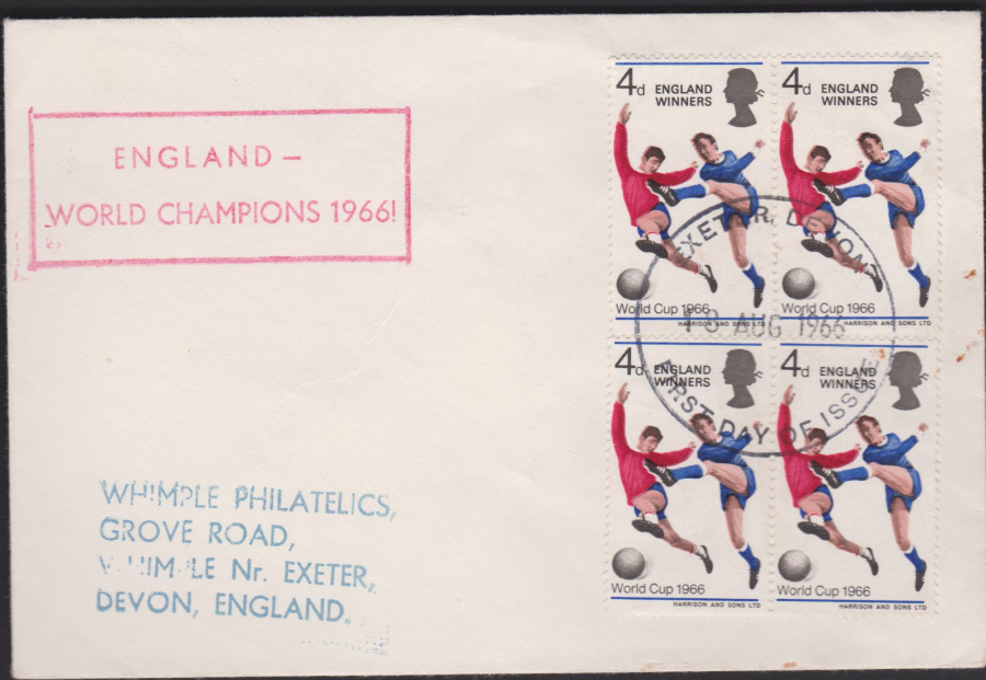 1966 World Cup Winners Exeter Devon Postmark Illustrated. Cover