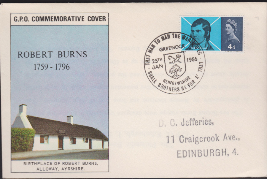1966 Robert Burns Greenock Pictorial Postmark Illustrated. Cover