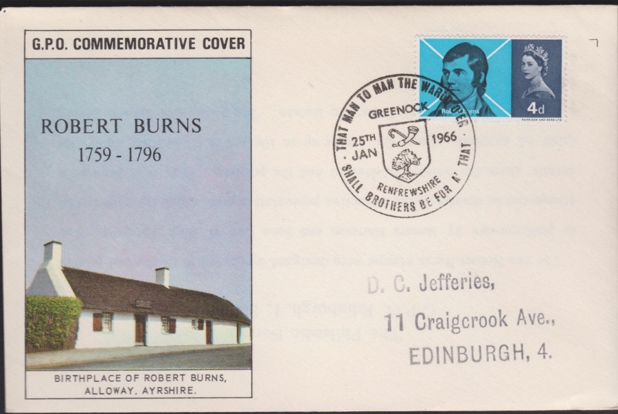 1966 Robert Burns Greenock Pictorial Postmark Illustrated. Cover - Click Image to Close