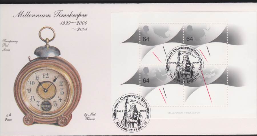 1999 -4d Post FDC- Millennium Timekeepers Mini Sheet - Salisbury Postmark