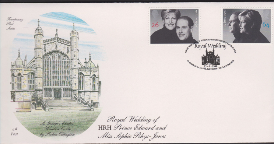 1999 -4d Post FDC- Edward & Sophie Wedding - St Georges Chapel Windsor Postmark