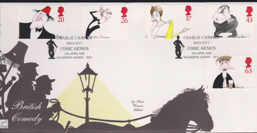 1998 -4d Post FDC- British Comedy -Charlie Chaplin, Walworth London SE17 Postmark