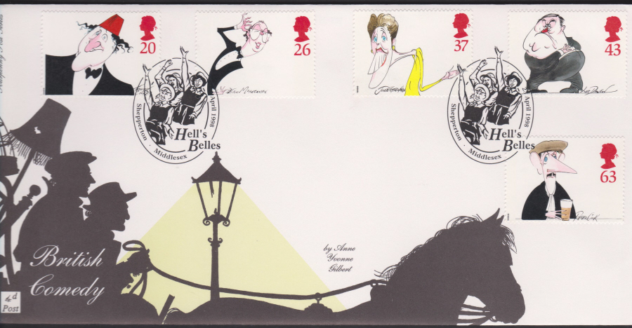 1998 -4d Post FDC- British Comedy - Hell's Belles, Shepperton, Middlesex Postmark