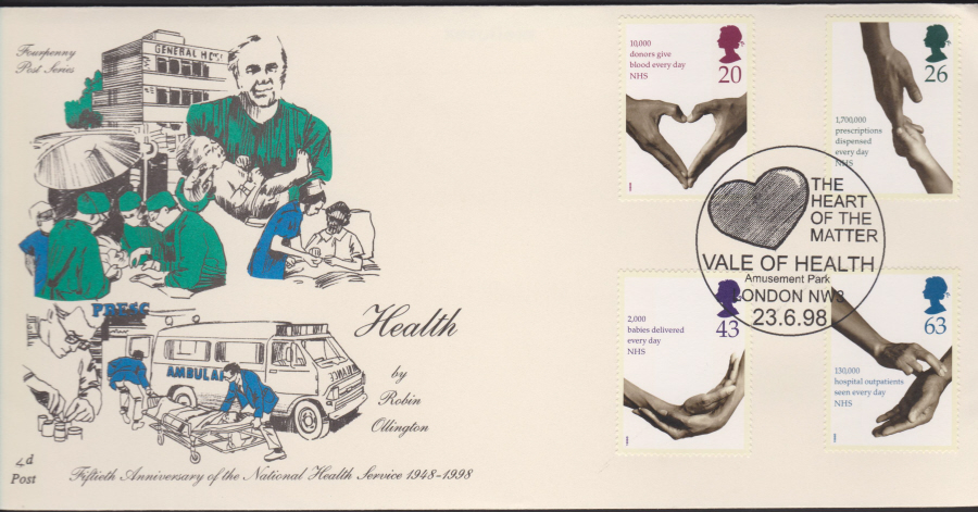 1998 -4d Post FDC- Health N.H.S. - Vale of Health London N W 3 Postmark