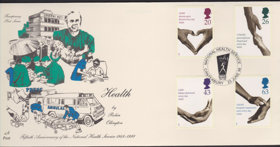 1998 -4d Post FDC- Health N.H.S. - National Health Service, Canterbury Postmark