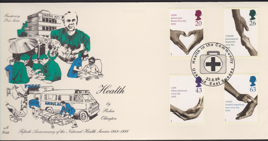 1998 -4d Post FDC- Health N.H.S. - Health in the Community, Uckfield East Sussex Postmark