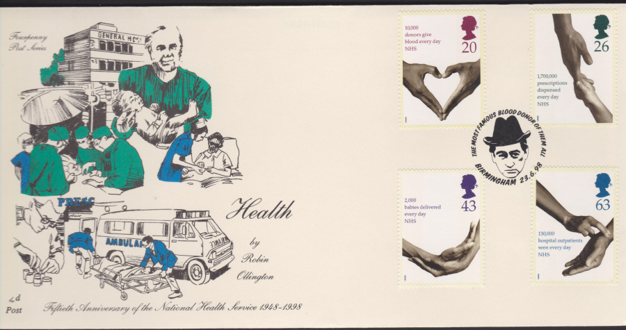 1998 -4d Post FDC- Health N.H.S. - Most Famous Blood Donor Birmingham Postmark
