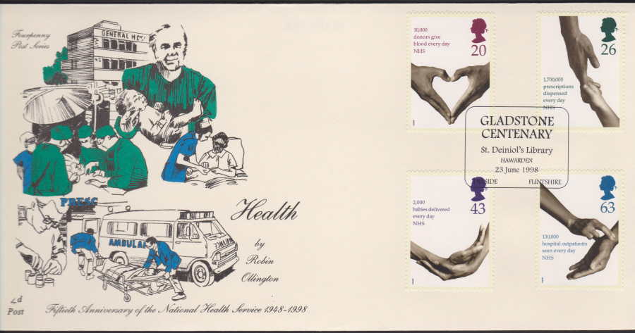 1998 -4d Post FDC- Health N.H.S. - Gladstone Centenary, Hawarden Flintshire Postmark