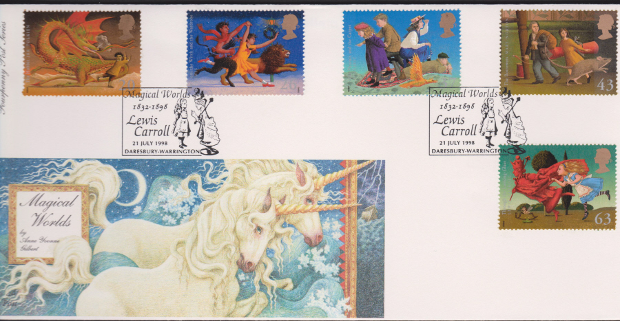 1998 -4d Post FDC- Magical Worlds - Lewis Carroll Daresbury Postmark