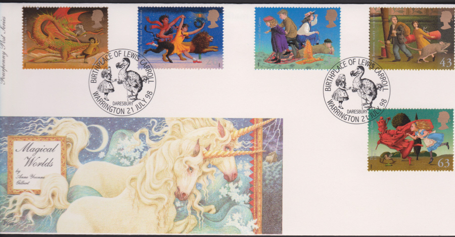 1998 -4d Post FDC- Magical Worlds - Birthplace of Lewis Carroll, Daresbury, Warrington Postmark