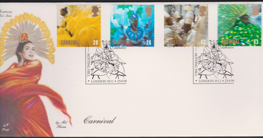 1998 -4d Post FDC-Carnival - London Celebrates Notting Hill Gate, London Postmark