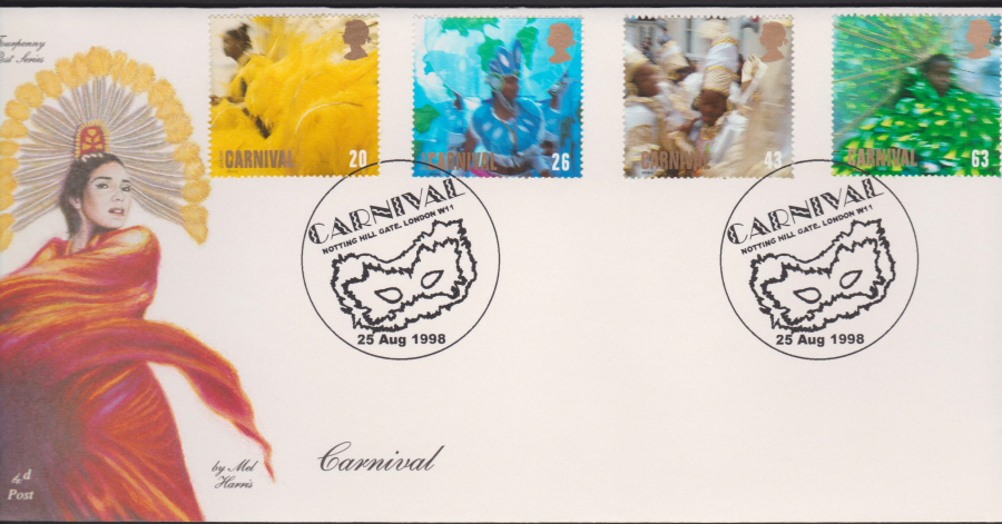 1998 -4d Post FDC-Carnival - Carnival Notting Hill Gate , London W11 Postmark