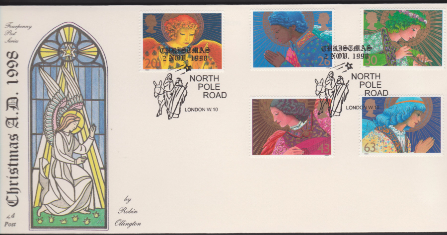 1998 -4d Post FDC- Christmas - North Pole Rd , London W10 Postmark