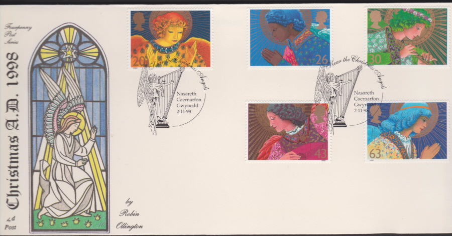 1998 -4d Post FDC- Christmas - Nasareth with Angel & Harp Postmark