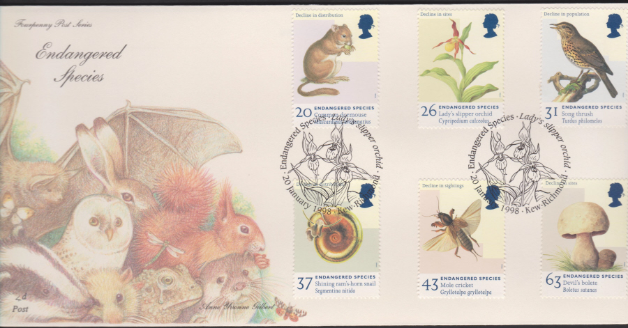 1998 -4d Post FDC- Endangered Species - Orchid, Kew Postmark