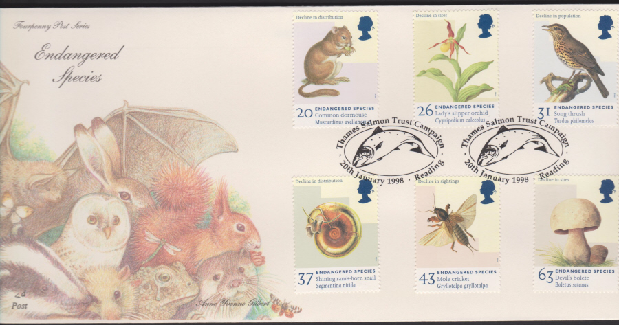 1998 -4d Post FDC- Endangered Species - Salmon Trust, Reading Postmark