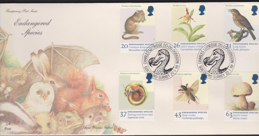 1998 -4d Post FDC- Endangered Species - Do-Do Dodgson, Guildford, Surrey Postmark