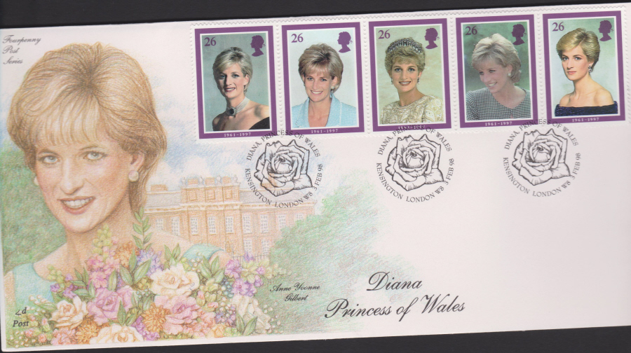 1998 -4d Post FDC- Diana Princess of Wales - ( Rose ) Kennsington London W8 Postmark