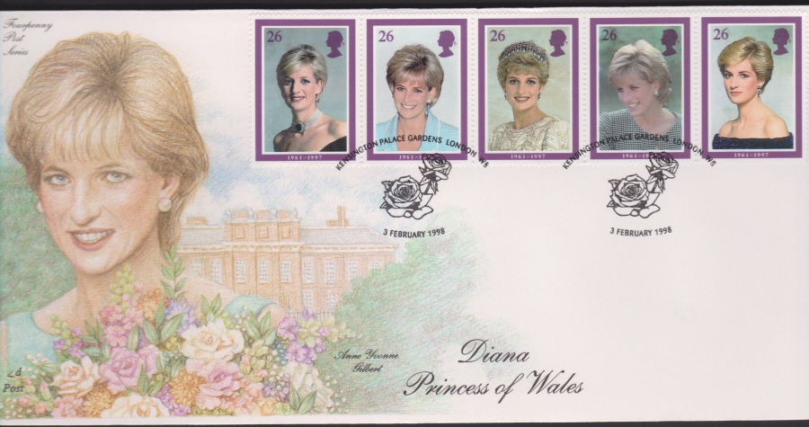 1998 -4d Post FDC- Diana Princess of Wales -Kennsington Palace Gardens London W8 Postmark