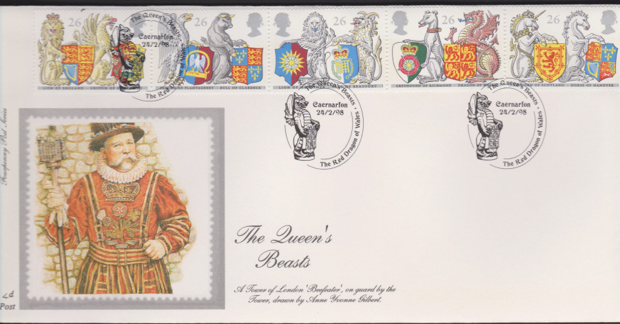 1998 -4d Post FDC- Queen's Beasts - Red Dragon, Caernarfon Postmark