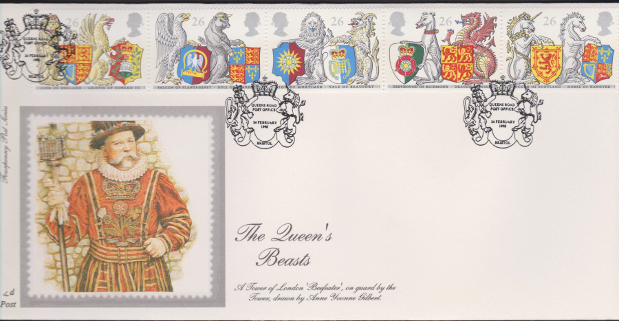 1998 -4d Post FDC- Queen's Beasts - Queens Rd Post Office, Bristol Postmark