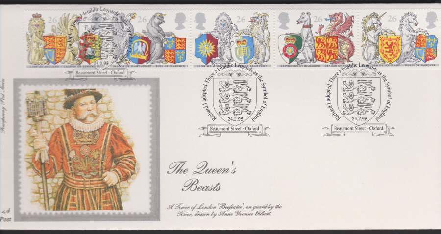 1998 -4d Post FDC- Queen's Beasts - Beaumont St, Oxford Lions Postmark